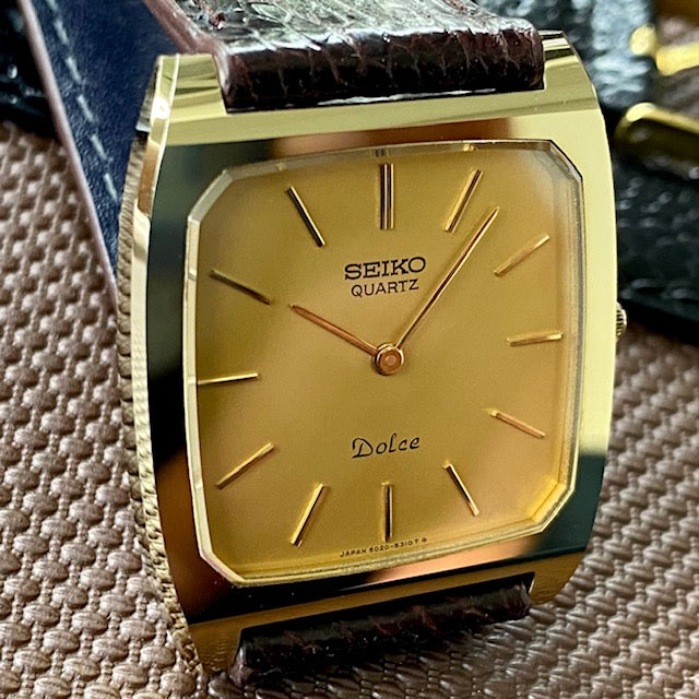 Vintage March 1981 GHA Seiko Dolce Quartz Tank 6020-5980 - Gold TV Screen - Minty