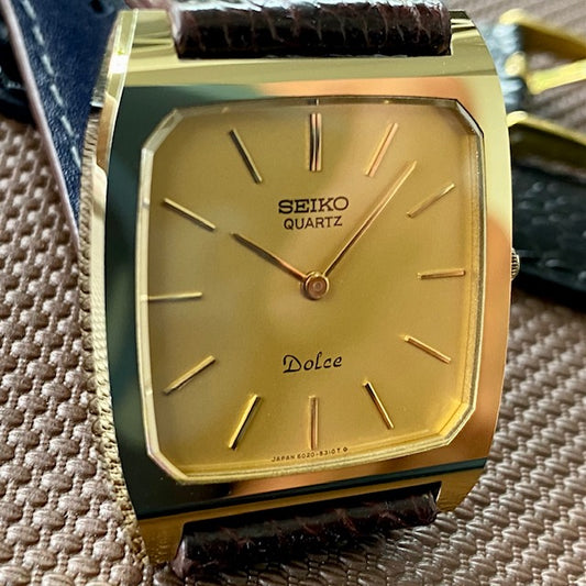 Vintage March 1981 GHA Seiko Dolce Quartz Tank 6020-5980 - Gold TV Screen - Minty