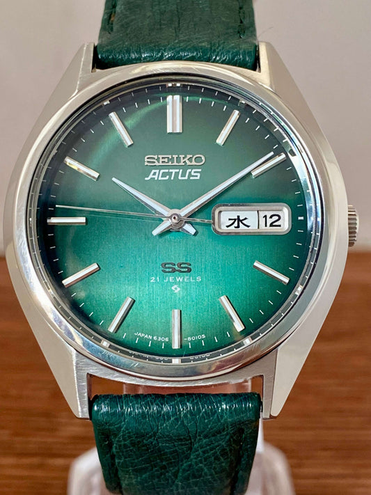 Vintage Seiko Actus SS 6306-8020 SERVICED Auto, Green, October 1976 UK VINTAGE WATCH LTD