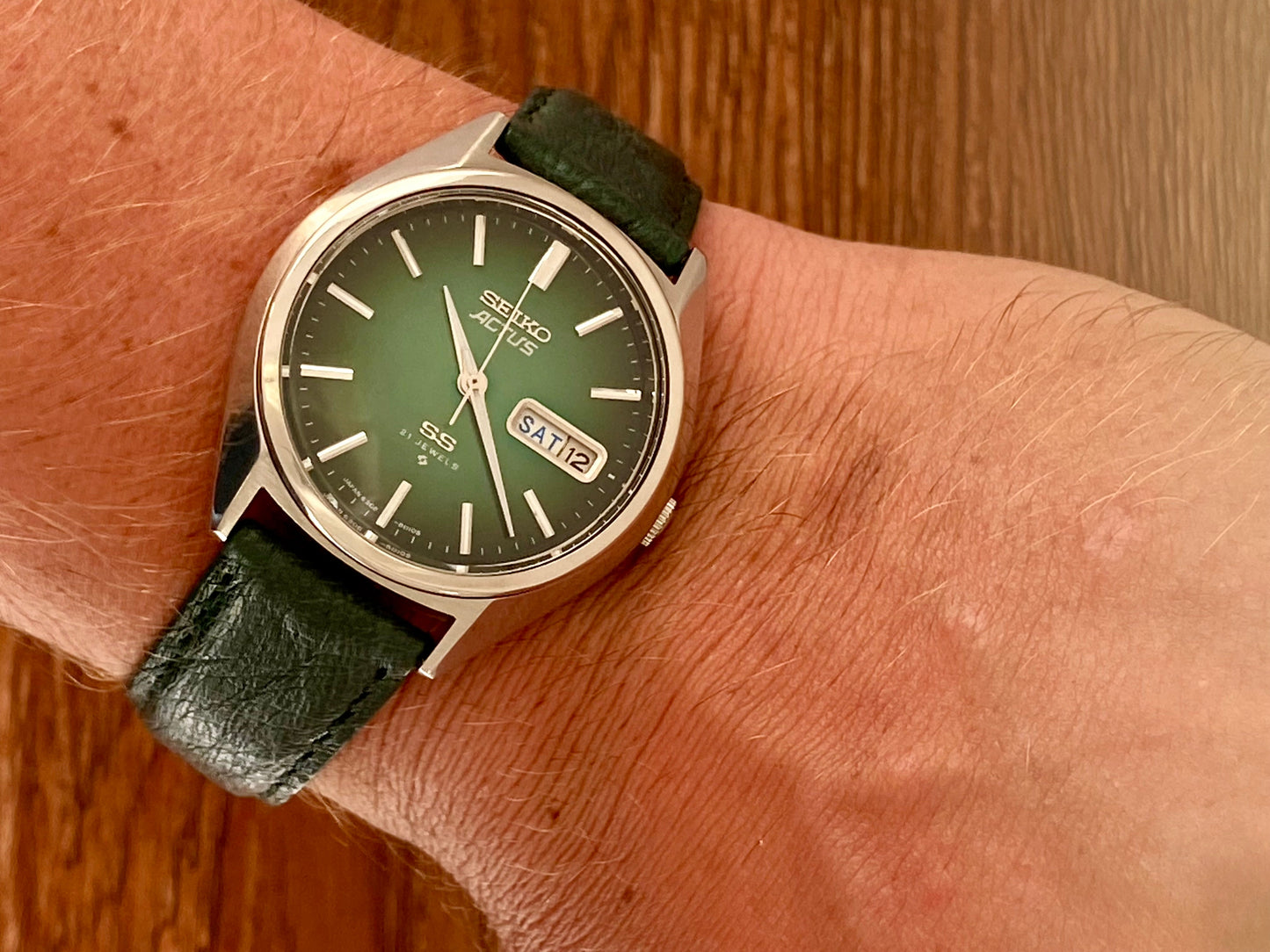 Vintage Seiko Actus SS 6306-8020 SERVICED Auto, Green, October 1976 UK VINTAGE WATCH LTD