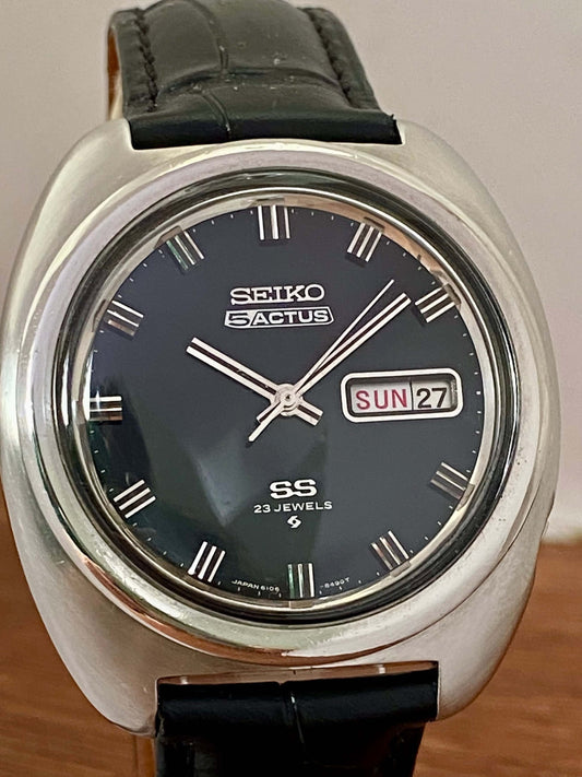 Vintage Seiko 5 Actus SS 6106-8450 Black SERVICED Automatic December 1969 UK VINTAGE WATCH LTD
