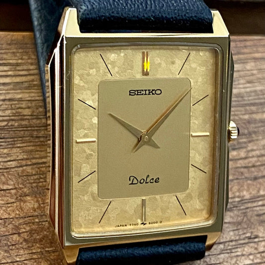 RARE Vintage Seiko Quartz Tank 7740-5000 Gold Flake, Nickel Alloy, April 1987 UK VINTAGE WATCH LTD