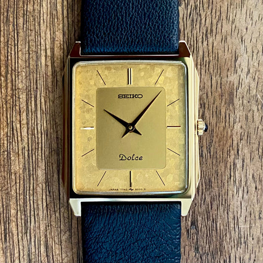 RARE Vintage Seiko Quartz Tank 7740-5000 Gold Flake, Nickel Alloy, April 1987 UK VINTAGE WATCH LTD