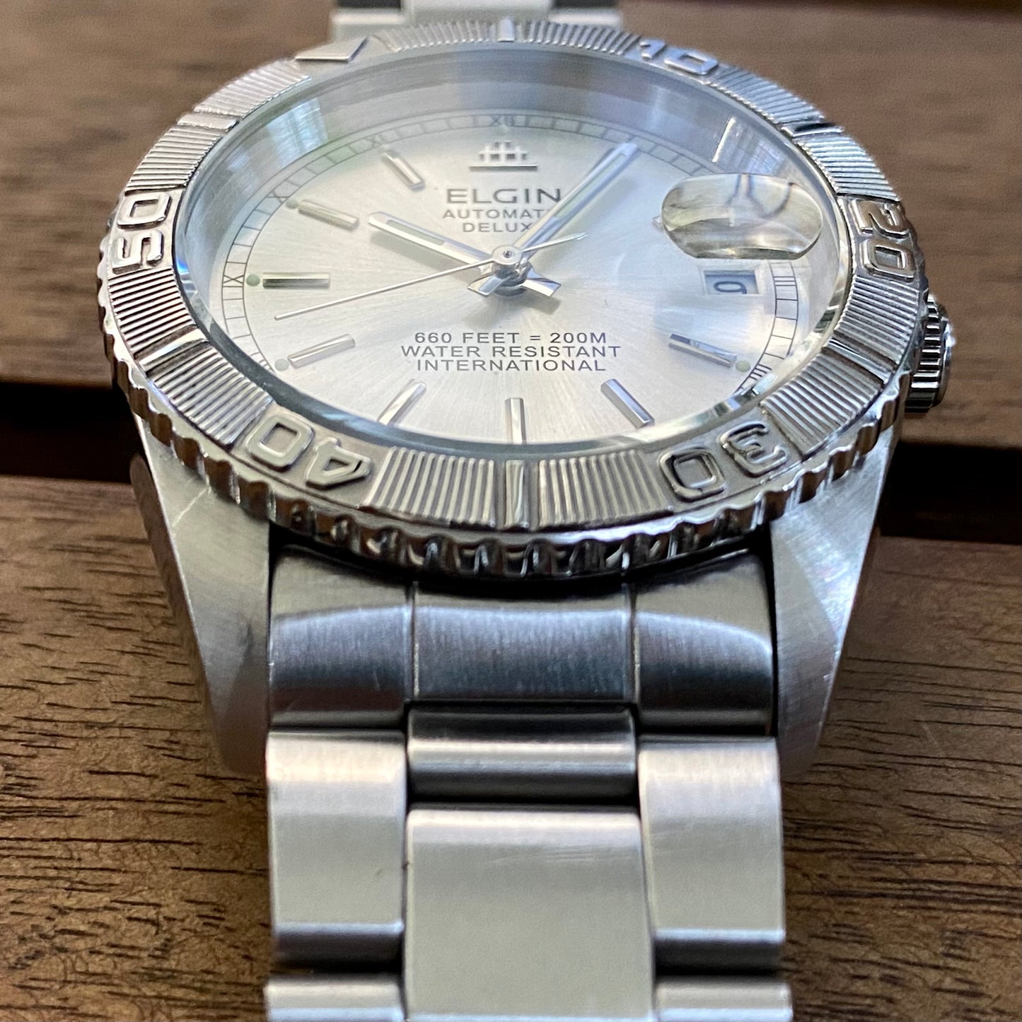 SERVICED Elgin Deluxe International FK-1135-F Automatic Diving Watch Rotating Bezel 39mm x 44mm