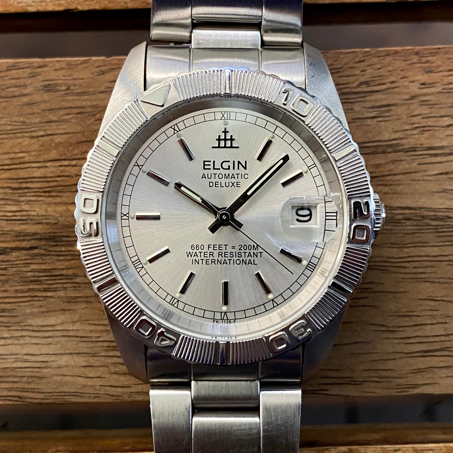 SERVICED Elgin Deluxe International FK-1135-F Automatic Diving Watch Rotating Bezel 39mm x 44mm