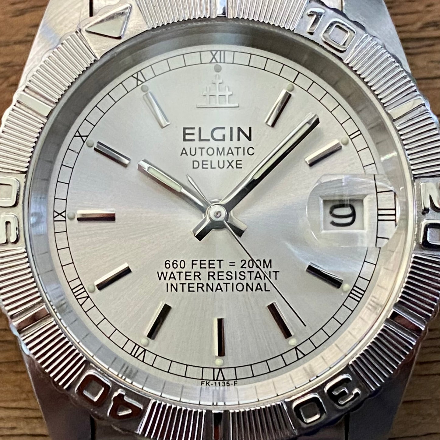 SERVICED Elgin Deluxe International FK-1135-F Automatic Diving Watch Rotating Bezel 39mm x 44mm