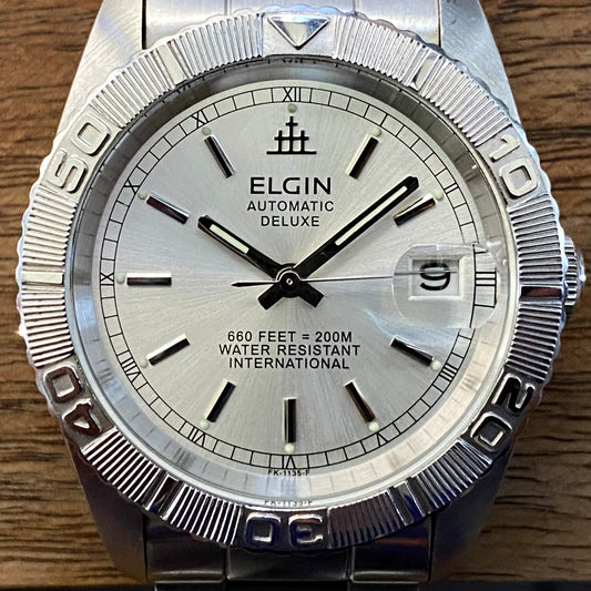 SERVICED Elgin Deluxe International FK-1135-F Automatic Diving Watch Rotating Bezel 39mm x 44mm
