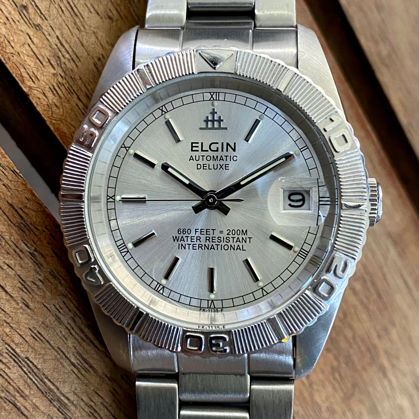 SERVICED Elgin Deluxe International FK-1135-F Automatic Diving Watch Rotating Bezel 39mm x 44mm