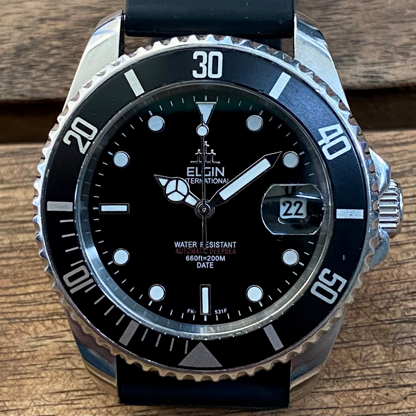 SERVICED Elgin Treasure International Deep Sea FK-531-F Automatic Diving Watch Rotating Bezel 42.3mm x 47mm