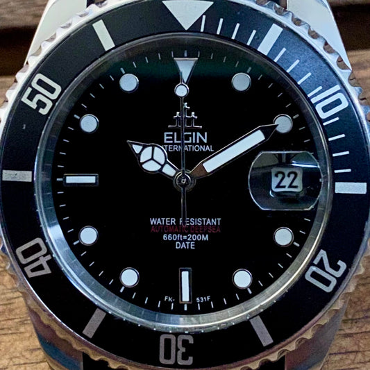 SERVICED Elgin Treasure International Deep Sea FK-531-F Automatic Diving Watch Rotating Bezel 42.3mm x 47mm