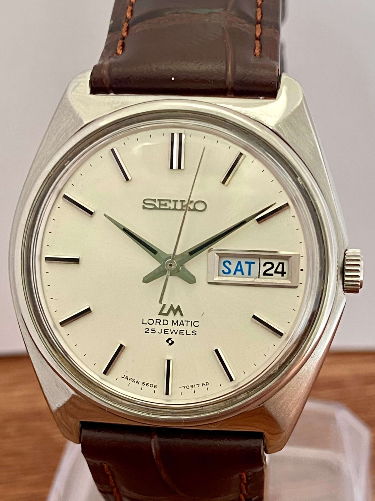 Vintage Seiko Lord Matic 5606-7000 watch with original dial, brown leather strap, serviced and in great condition.