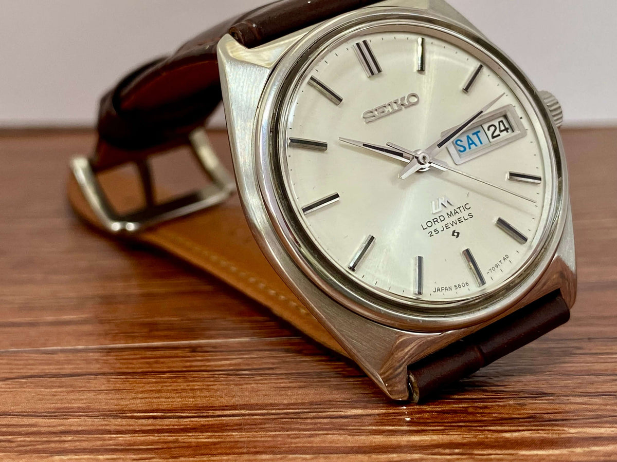 Vintage Seiko Lord Matic 5606-7000 showcasing its original dial and leather strap, made in June 1969.