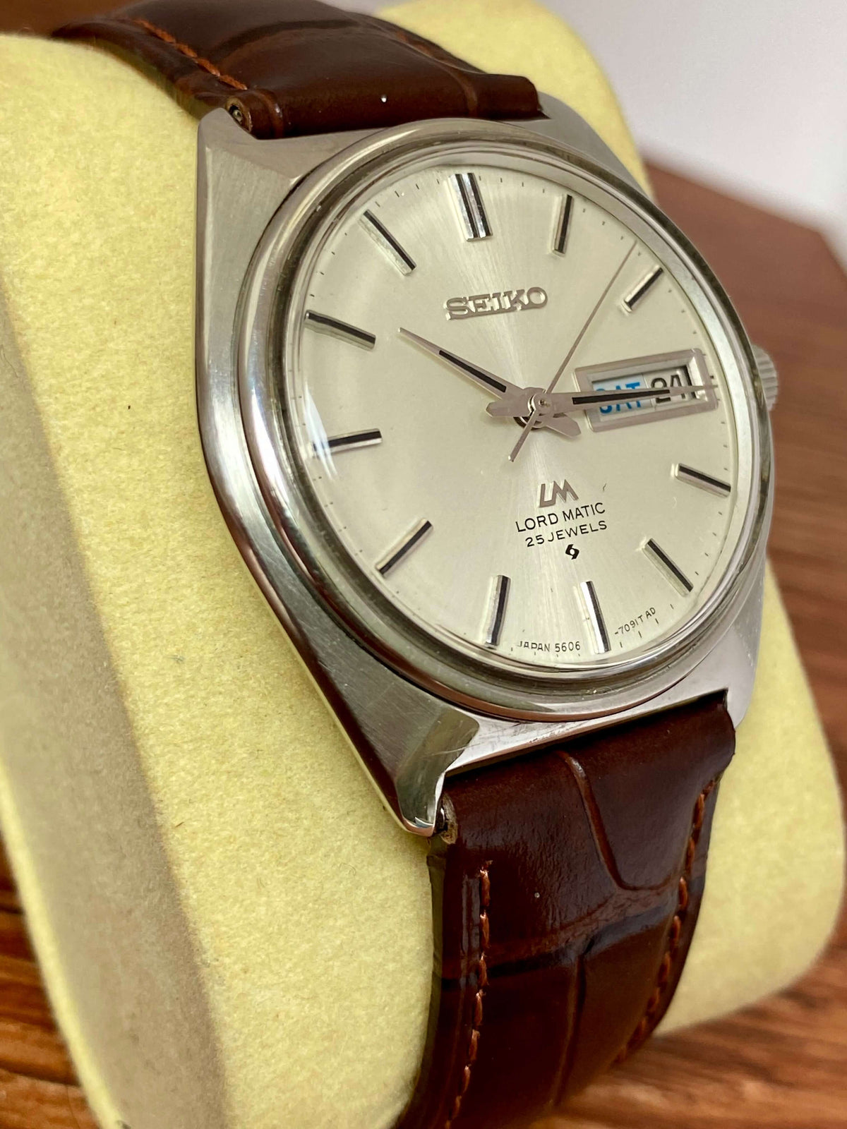 Vintage Seiko Lord Matic 5606-7000 watch with original dial and brown leather strap, serviced, June 1969.