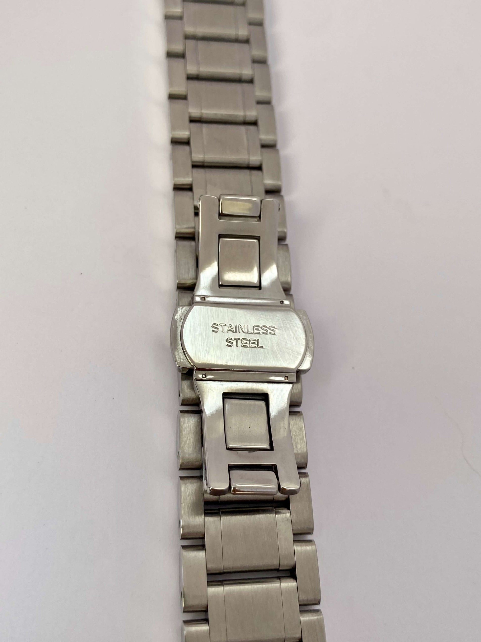 18mm Stainless Steel Oyster link Watch Bracelet with Straight Ends showing clasp and brushed finish close-up.