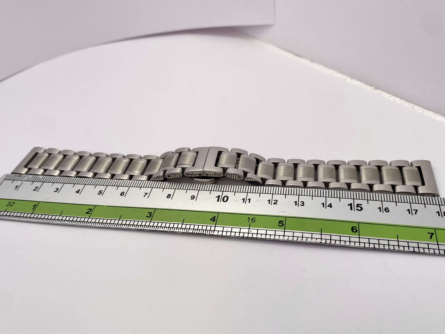 18mm Stainless Steel Oyster link Watch Bracelet with Straight Ends displayed with a ruler for measurement.