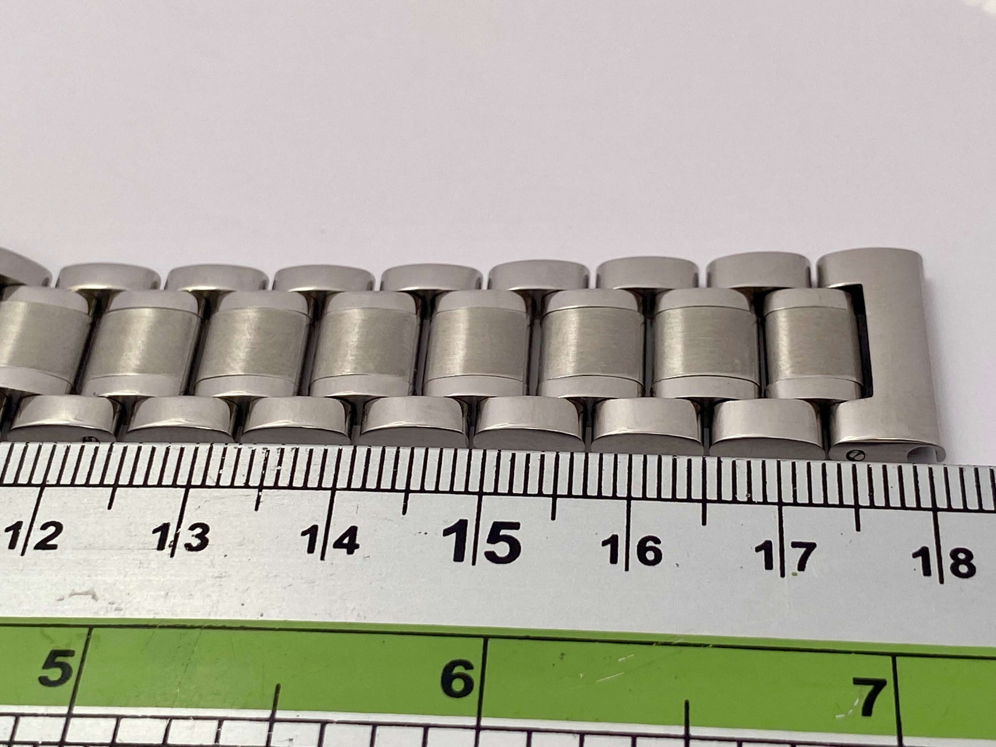 18mm Stainless Steel Oyster link Watch Bracelet with Straight Ends showing link design and measurement with ruler.