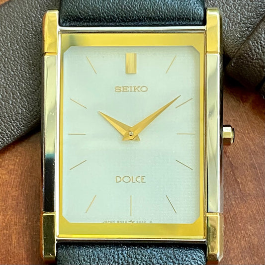 Vintage November 1999 Seiko Dolce Quartz Tank 8N40-5030 White Waffle Gold Cap