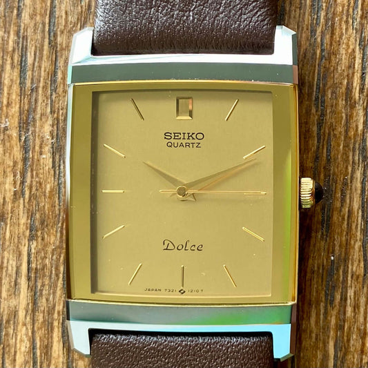 Vintage Seiko Dolce 7321-5730 tungsten tank watch from April 1987