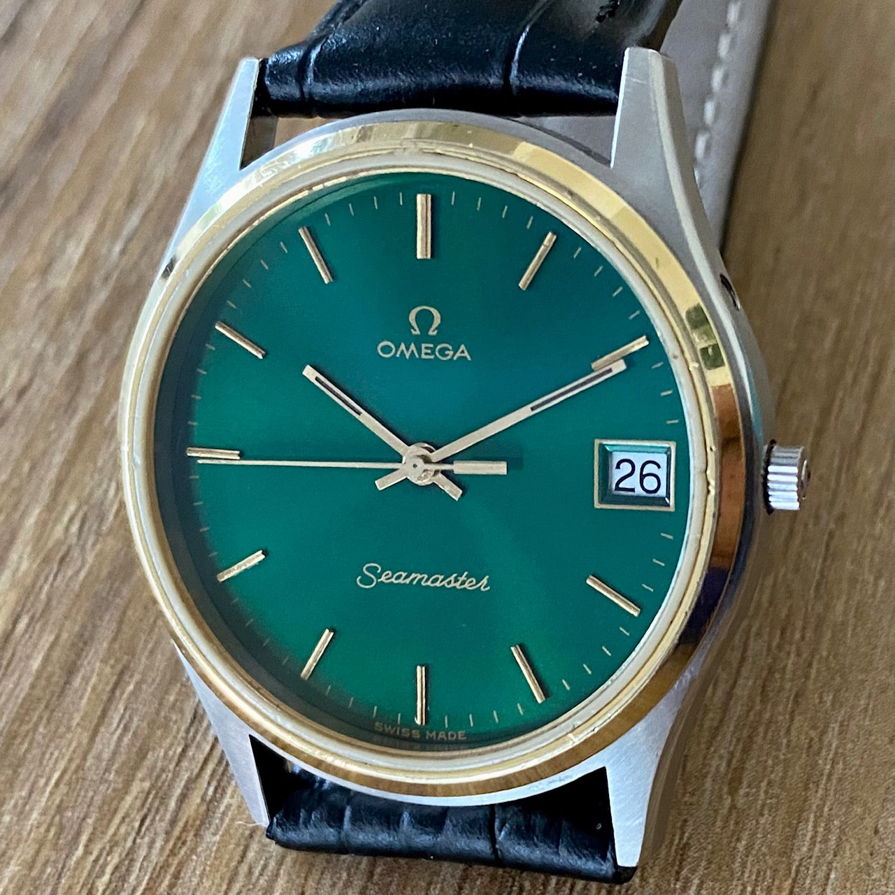 COMING SOON! SERVICED Vintage 1980s Omega Seamaster Quartz Cal 1332 Ref. 196.0216 - Custom Hand Painted Green Dial with Gold Bezel