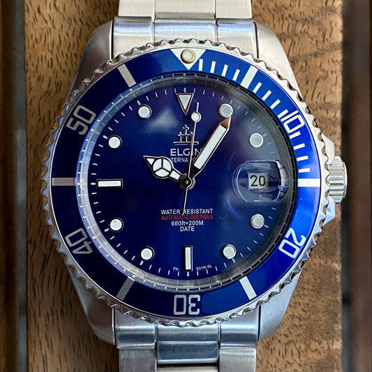 COMING SOON! SERVICED Vintage March 1991 Elgin Treasure International Deep Sea FK-531N-SL Blue Automatic Diving Watch Rotating Bezel and Original Bracelet