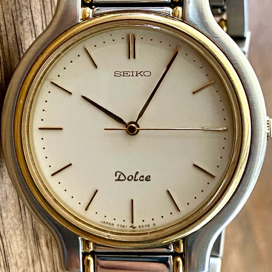 Vintage Seiko Dolce Quartz 7741-6050 watch featuring a cream dial and gold stick hour markers, made in June 1997.