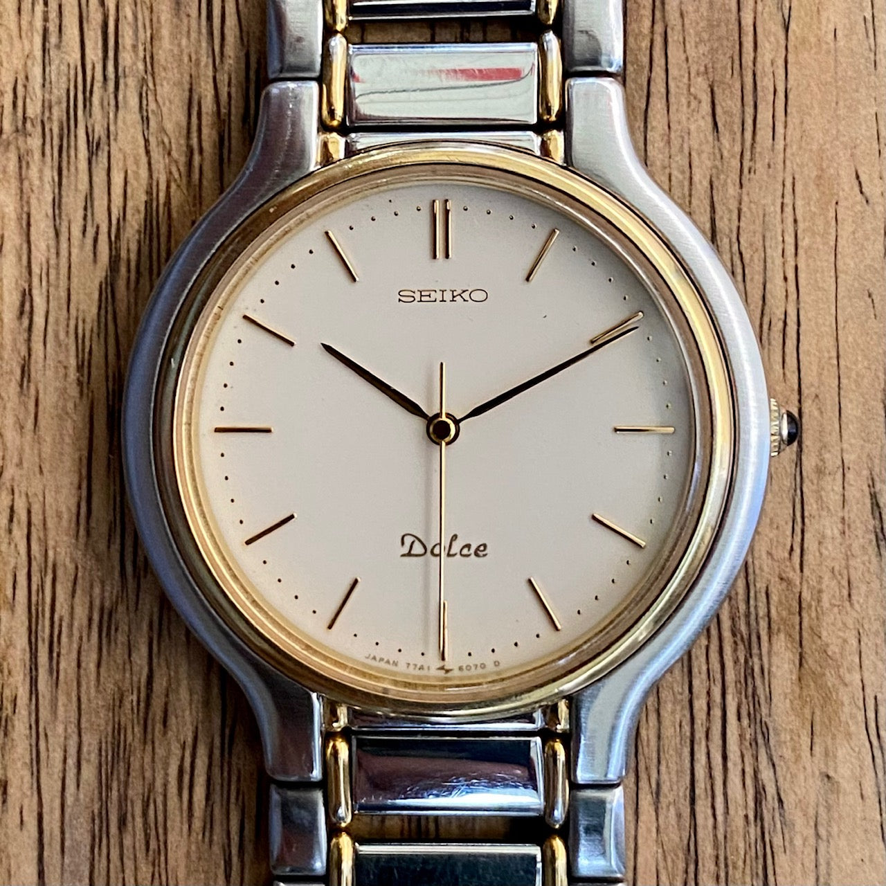 COMING SOON! Vintage June 1997 Seiko Dolce Quartz 7741-6050 2-Tone Tank with Ladder Bracelet and Black Sapphire Crown -  Pre-order now!