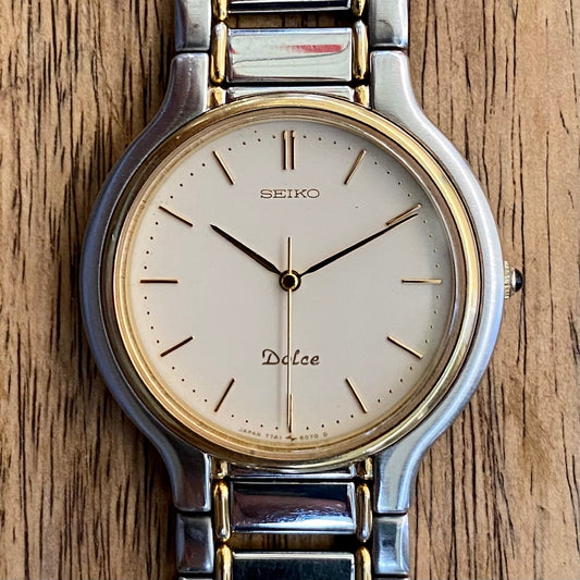 Vintage June 1997 Seiko Dolce Quartz 7741-6050 2-Tone Tank with Ladder Bracelet and Black Sapphire Crown