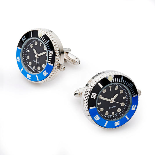 Mini Quartz Watch Cufflinks, Fully Working, Black and Blue