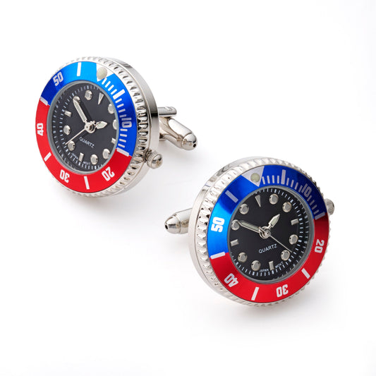 Mini Quartz Watch Cufflinks, Fully Working, Blue and Red