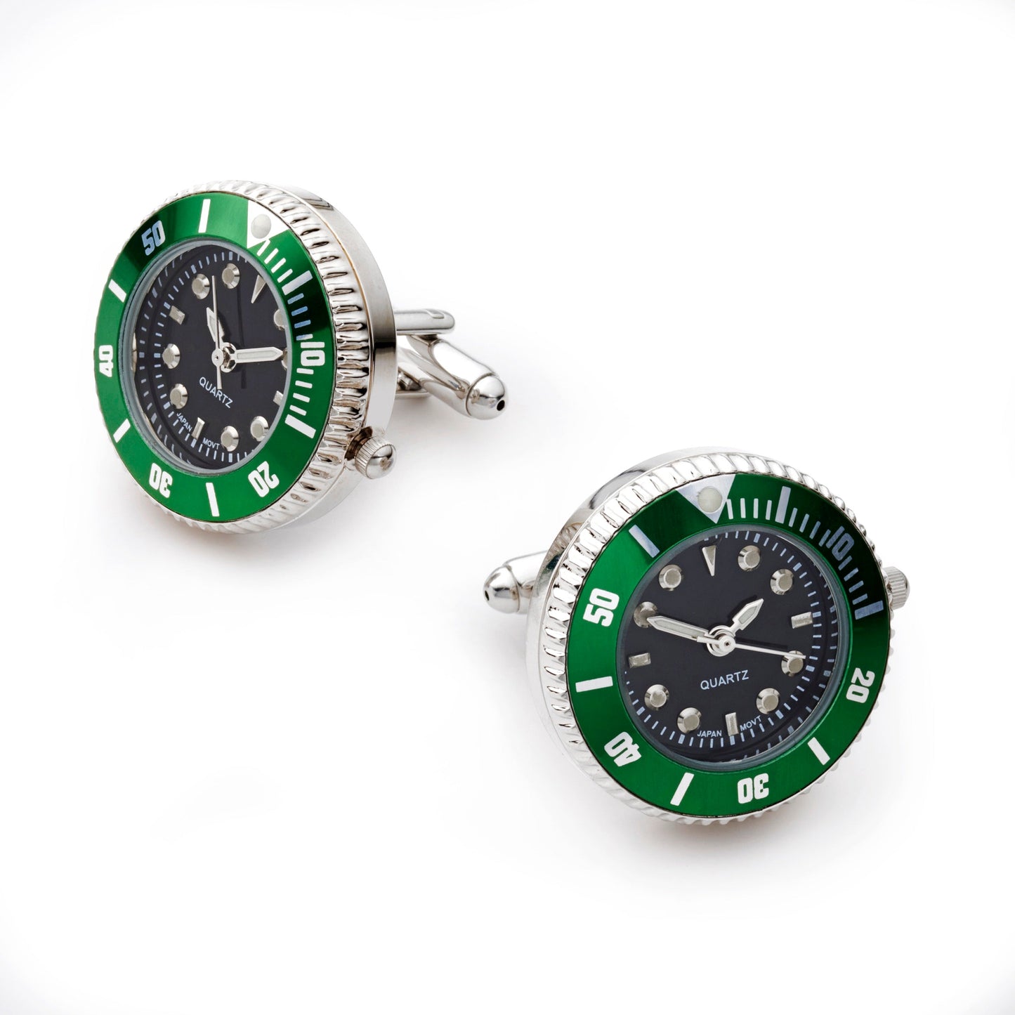 Mini Quartz Watch Cufflinks, Fully Working, Green & Black