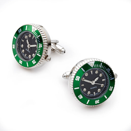 Mini Quartz Watch Cufflinks, Fully Working, Green & Black
