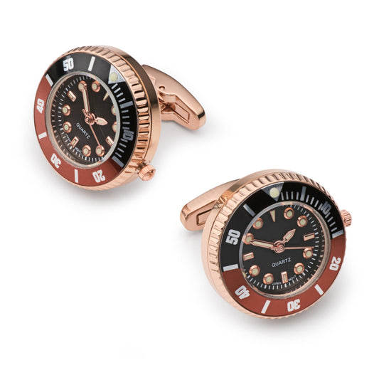 Mini Quartz Watch Cufflinks, Fully Working, Rose Gold & Black