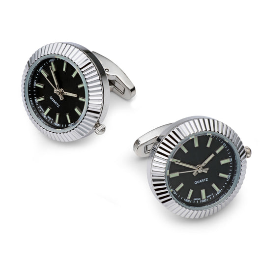 Mini Quartz Watch Cufflinks, Fully Working, Silver and Black