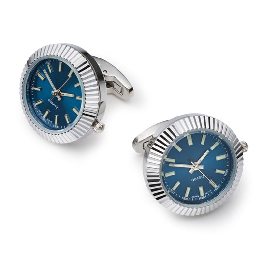 Mini Quartz Watch Cufflinks, Fully Working, Silver and Blue