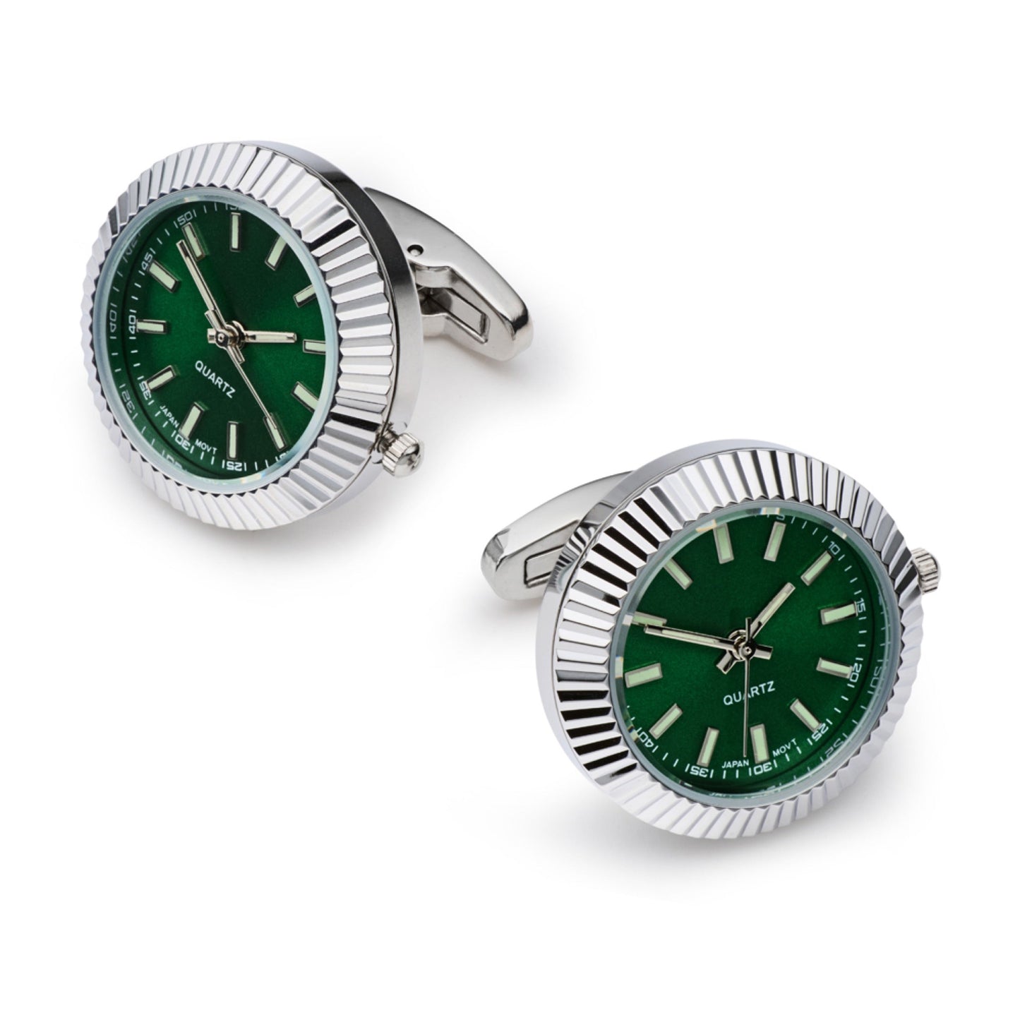 Mini Quartz Watch Cufflinks, Fully Working, Silver and Green