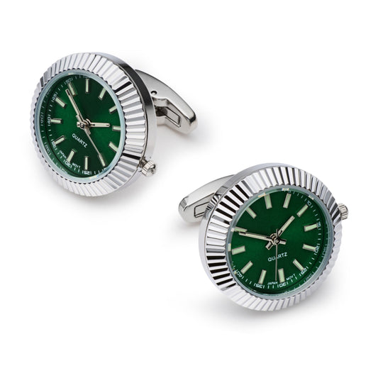 Mini Quartz Watch Cufflinks, Fully Working, Silver and Green