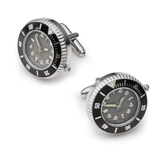 Mini Quartz Watch Cufflinks, Fully Working, Silver and Grey