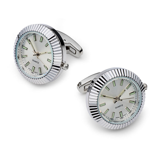 Mini Quartz Watch Cufflinks, Fully Working, Silver & White