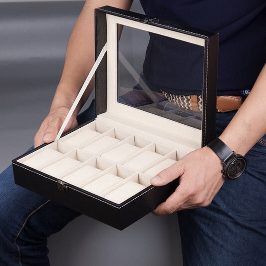 10 Slot Watch Display Grid Box Lockable Case Faux Leather Jewelry Storage Organiser