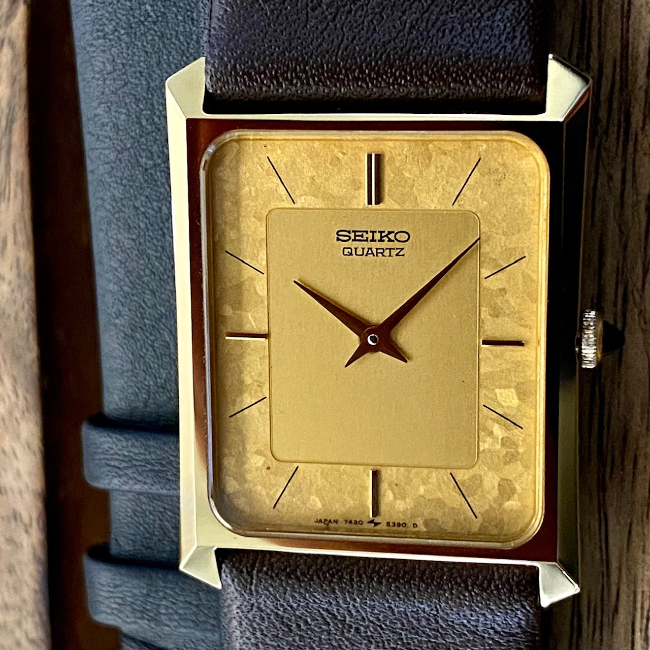 COMING SOON! Rare Vintage Seiko Quartz Tank 7430-5230 Gold Flake Dial, GHA Case, May 1985  PRE-ORDER NOW!