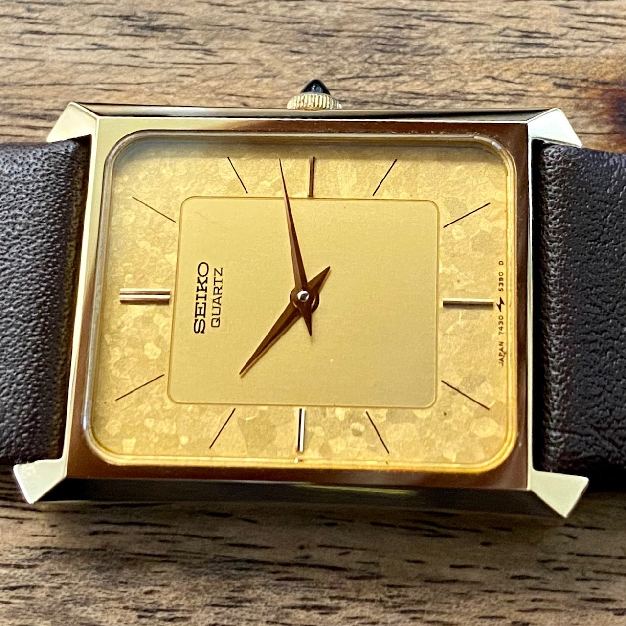COMING SOON! Rare Vintage Seiko Quartz Tank 7430-5230 Gold Flake Dial, GHA Case, May 1985  PRE-ORDER NOW!