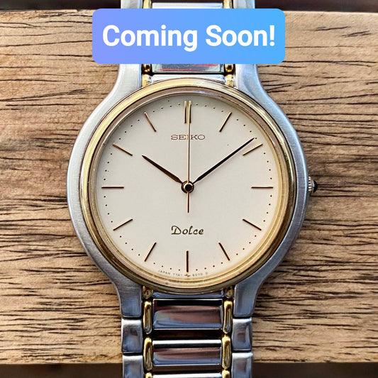 COMING SOON! Vintage June 1997 Seiko Dolce Quartz 7741-6050 2-Tone Tank with Ladder Bracelet and Black Sapphire Crown -  Pre-order now!