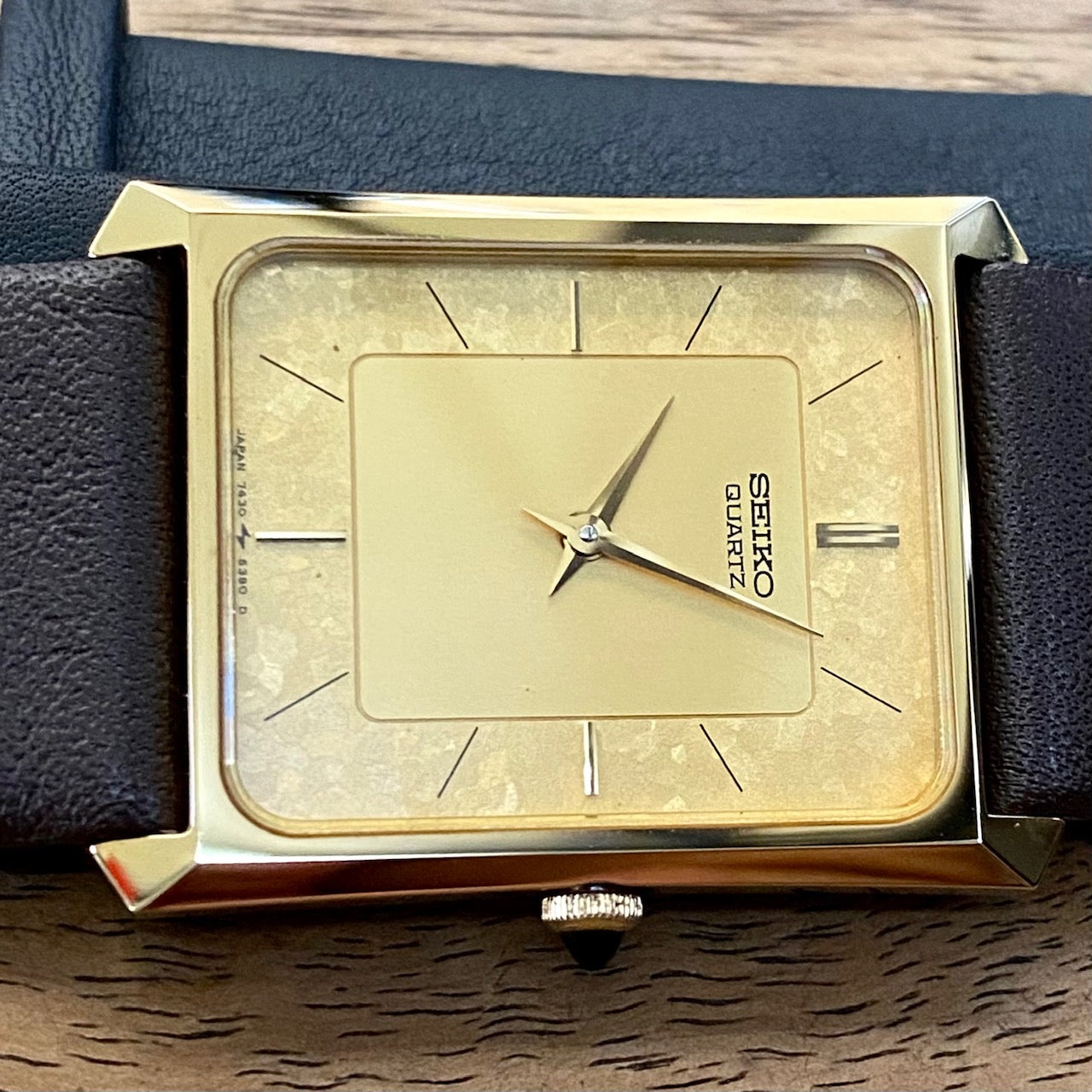 COMING SOON! Rare Vintage Seiko Quartz Tank 7430-5230 Gold Flake Dial, GHA Case, May 1985  PRE-ORDER NOW!