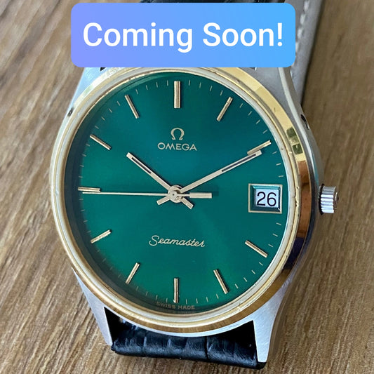 COMING SOON! SERVICED Vintage 1980s Omega Seamaster Quartz Cal 1332 Ref. 196.0216 - Custom Hand Painted Green Dial with Gold Bezel