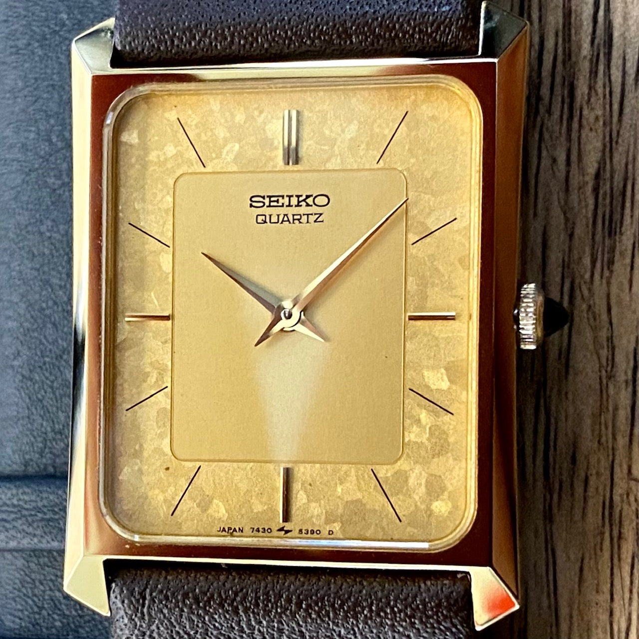 COMING SOON! Rare Vintage Seiko Quartz Tank 7430-5230 Gold Flake Dial, GHA Case, May 1985  PRE-ORDER NOW!