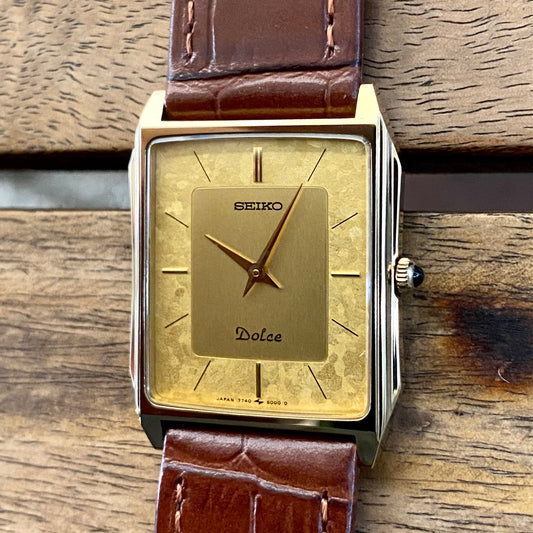 RARE Vintage Seiko Quartz Dolce 7740-5000 Gold Flake, April 1987 UK VINTAGE WATCH LTD