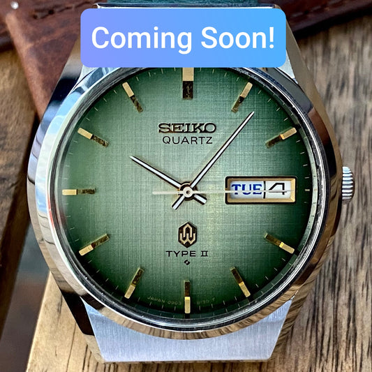 COMING SOON! Excellent Condition Vintage September 1979 Seiko Quartz 0903-8120 Type 2 / Type II with Green Linen Dial -PRE-ORDER NOW!